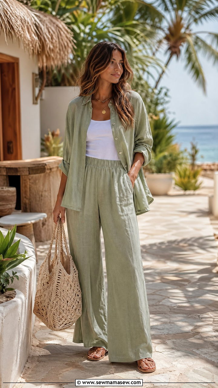 Linen coordinating set with slides outfit - 35 classy spring outfit ideas