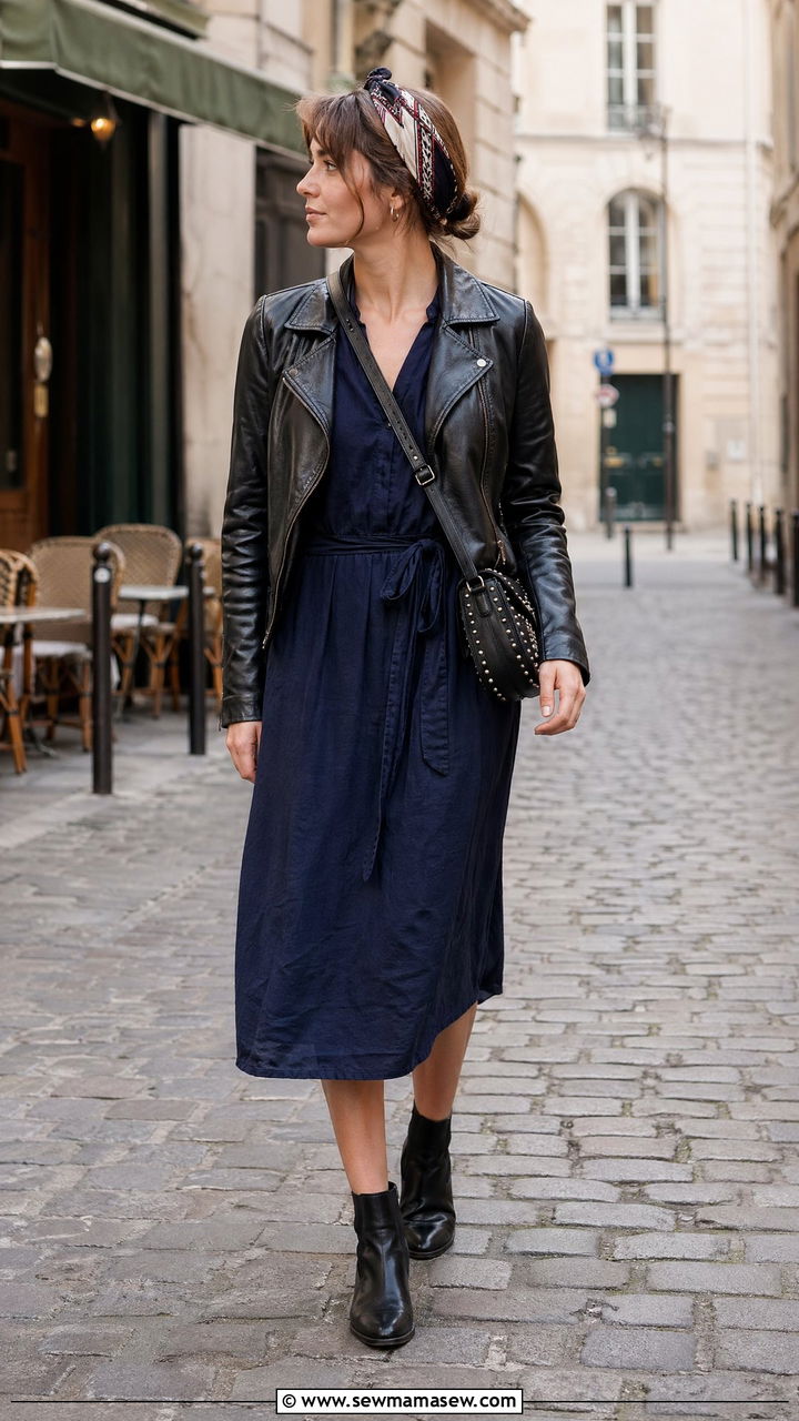Linen dress and leather jacket Europe outfit - 35 Travel day outfit ideas