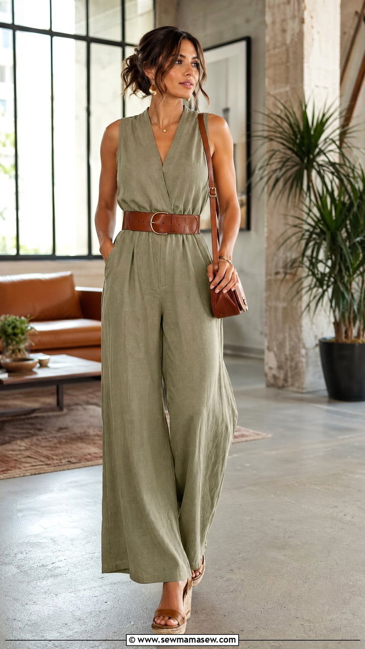 Linen jumpsuit with a statement belt and wedge sandals - 35 Summer business casual outfits for women