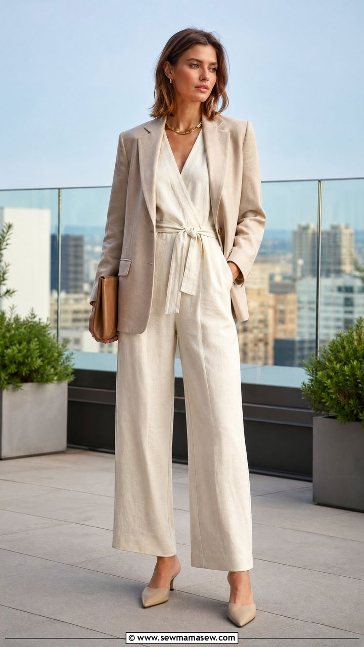 Linen jumpsuit with a structured blazer - 35 spring effortless chic outfit ideas