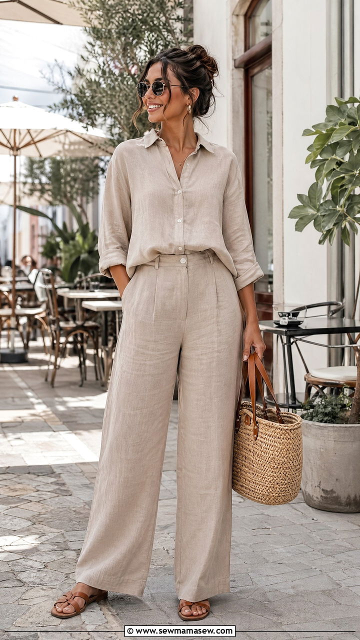 Linen matching set with sandals - 35 Trendy summer outfits