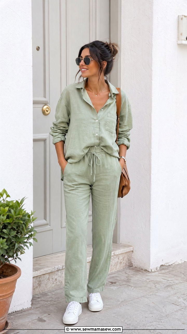 Linen matching set with white sneakers - 35 spring easy outfit ideas