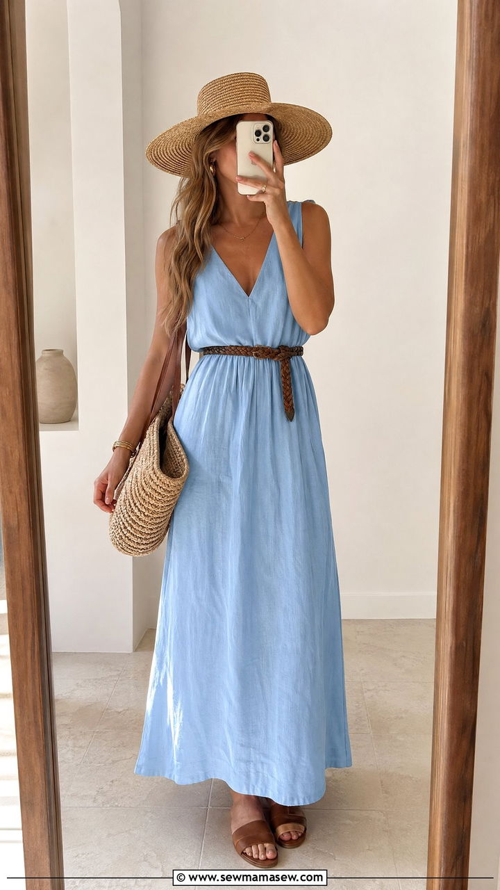 Linen maxi dress and slide sandals outfit - 35 summer effortless chic outfit ideas