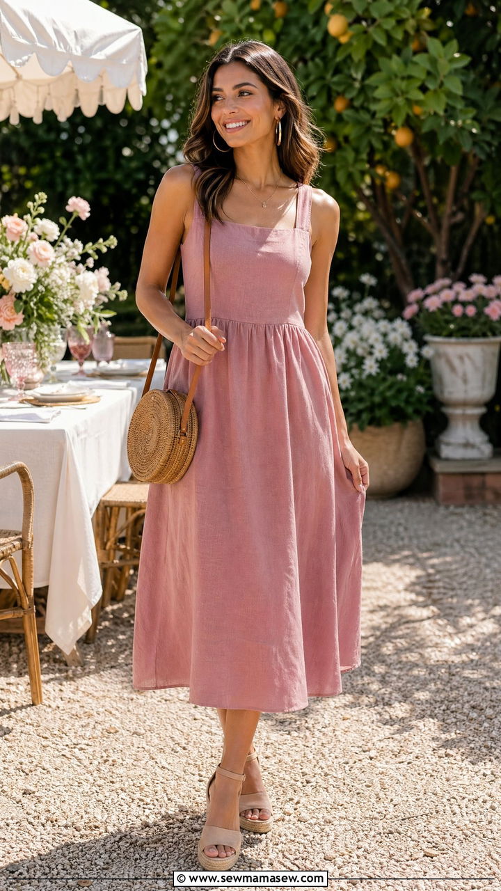 Linen midi dress with espadrille wedges - 35 summer bridal shower outfit ideas
