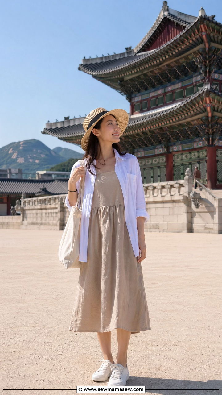 Linen midi dress with white sneakers for palace sightseeing - 35 Seoul vacation outfit ideas