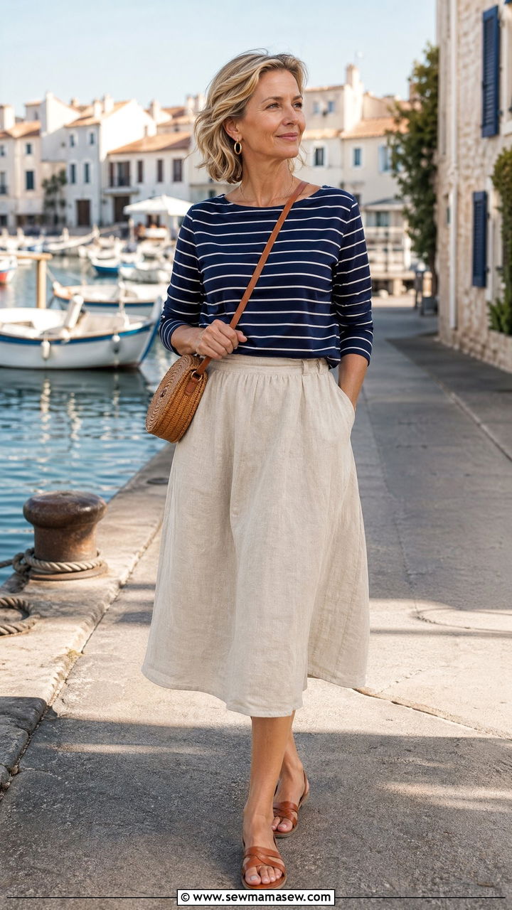 Linen midi skirt and striped boatneck top coastal grandmother look - 35 coastal grandmother outfits ideas