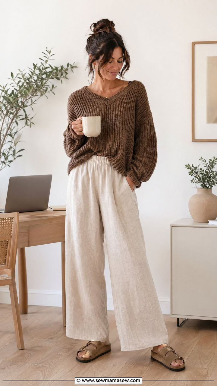 Linen pants and relaxed knit sweater outfit - 35 Work from home outfits for moms