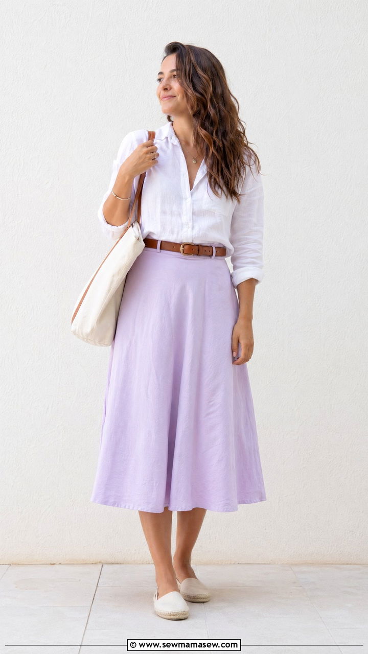Linen shirt and midi skirt summer outfit - 35 summer skirt outfit ideas