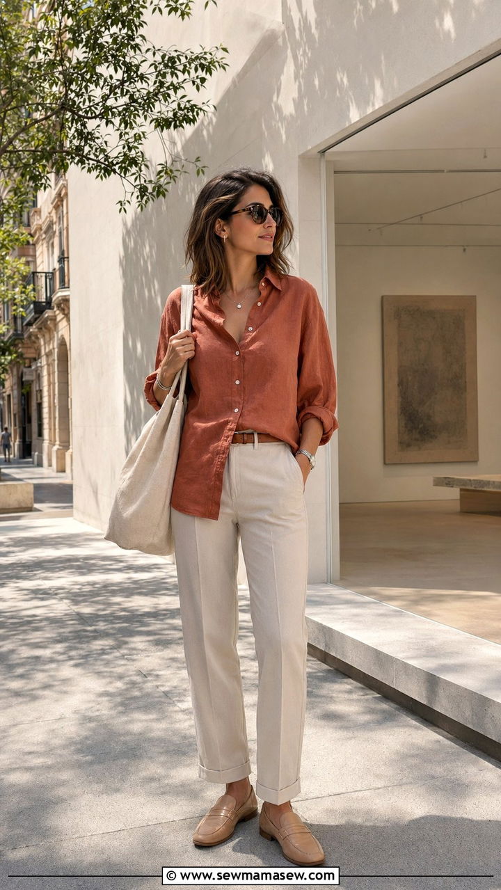 Linen shirt and tailored trousers outfit Barcelona - 30 Barcelona vacation outfit ideas