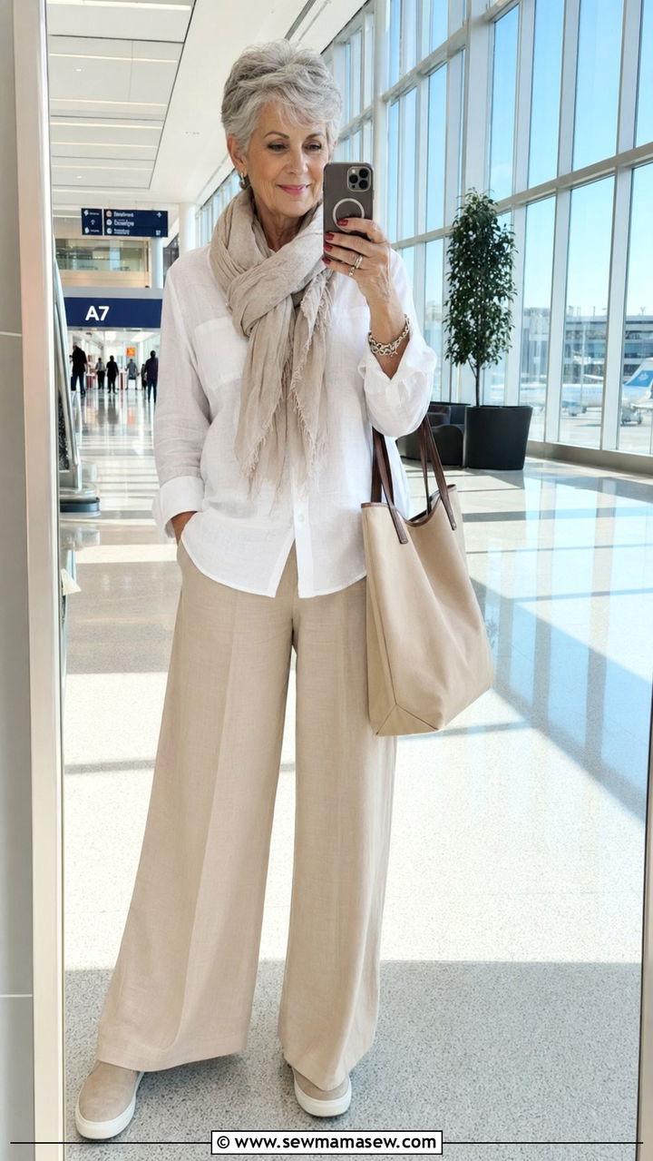 Linen shirt with flowy travel pants - 35 Outfit ideas for women over 60