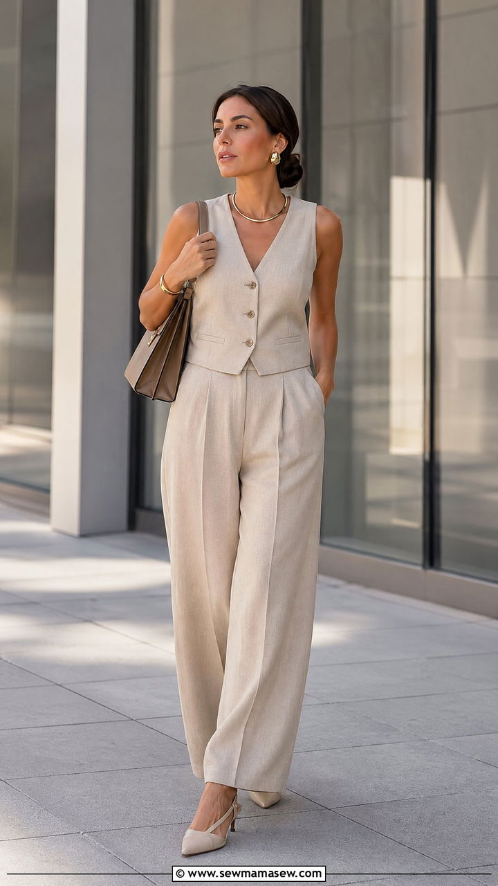 Linen vest and matching trousers summer office look - 35 Summer office outfits