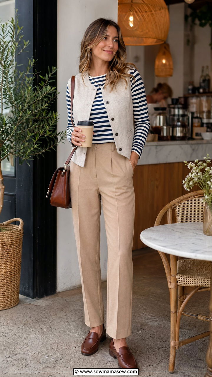 Linen vest over a long sleeve striped tee with tan trousers - 35 Coastal grandmother outfit ideas