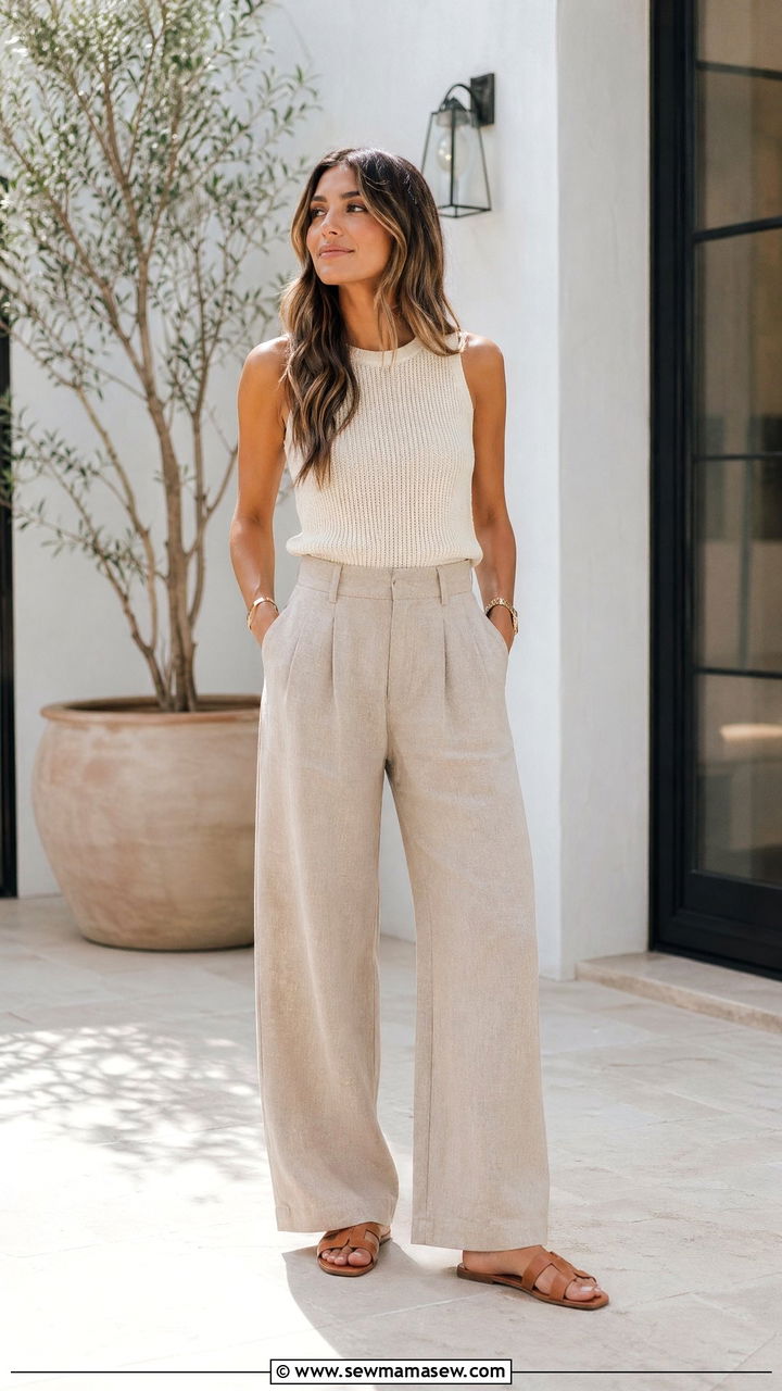 Linen wide leg pants with sleeveless top outfit - 35 spring work from home outfit ideas