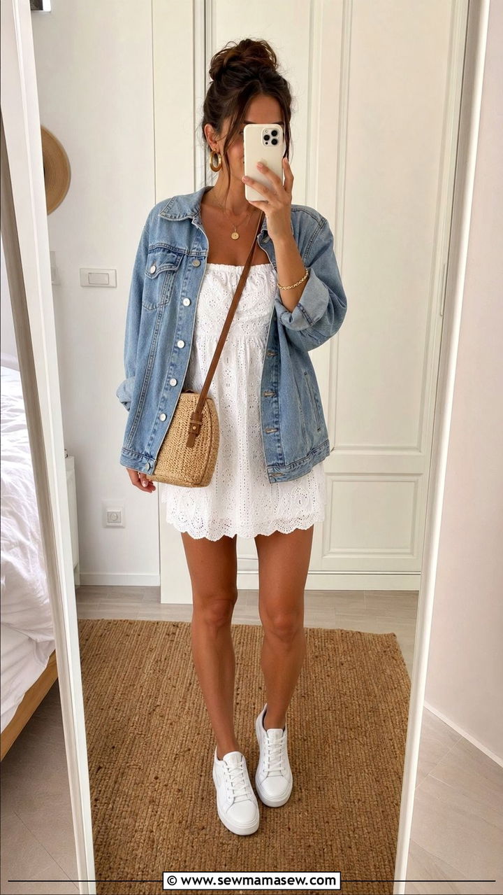 Little White Dress With Denim Jacket Bachelorette Outfit - 30 Bachelorette trip outfit ideas