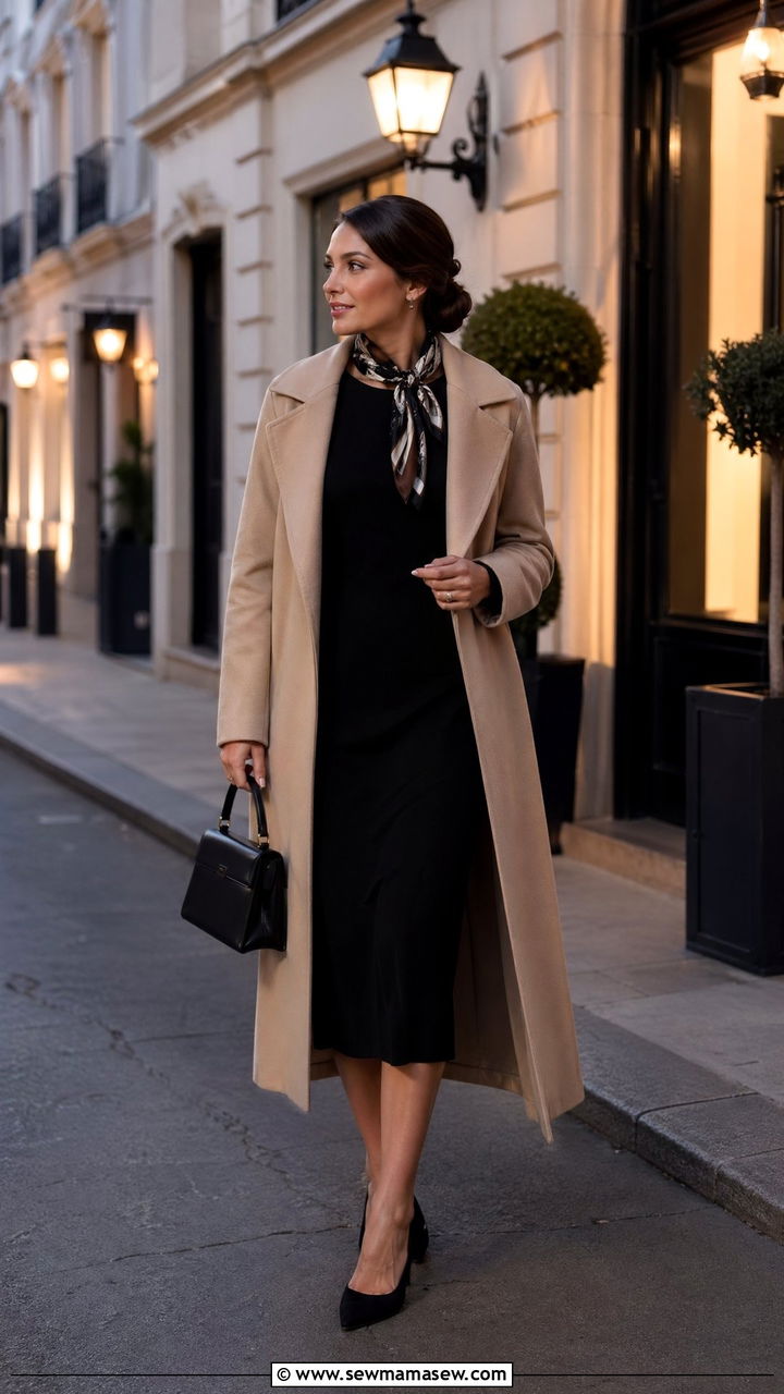 Long Beige Coat Over Black Dress and Pumps - 35 classy old money outfits
