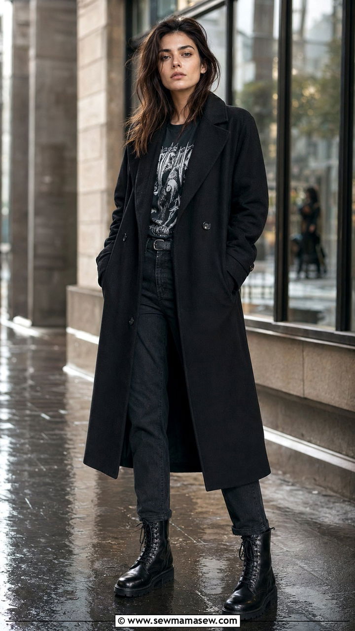 Long Black Coat with Graphic Tee and Combat Boots - 35 rainy day outfit ideas
