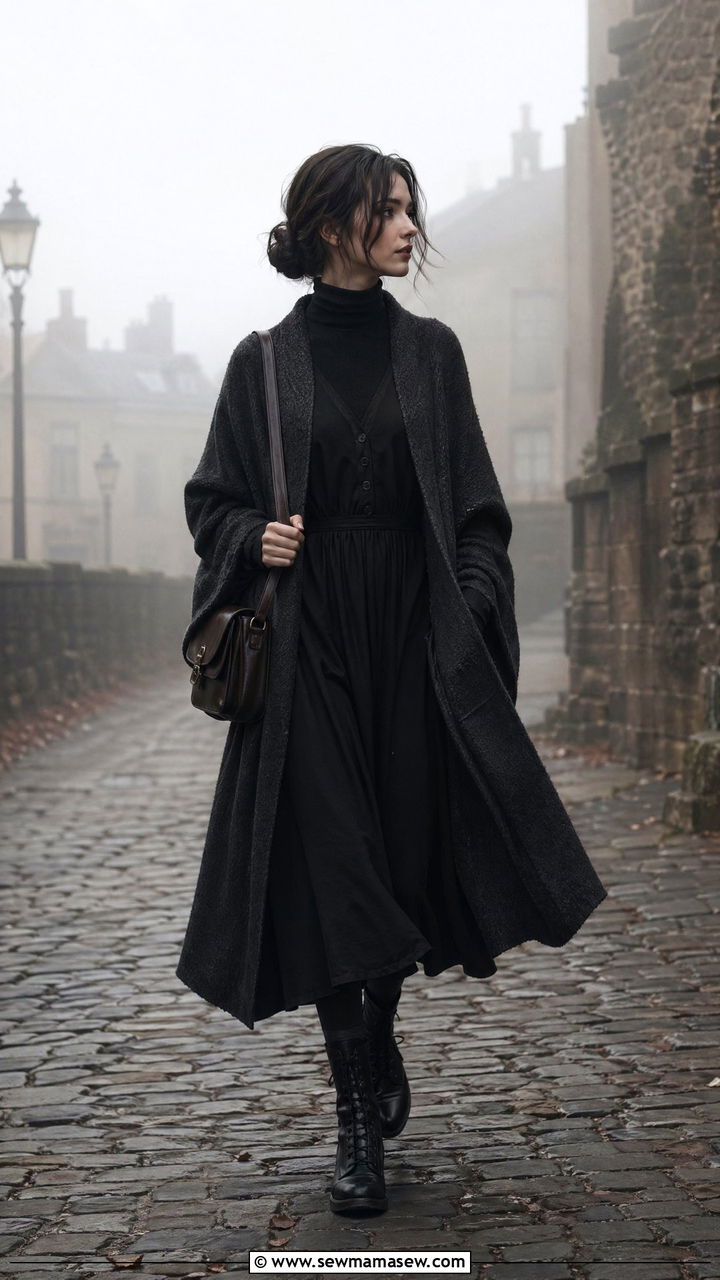 Long Black Dress and Cloak Style Cardigan with Lace Up Boots - 35 dark academia outfits