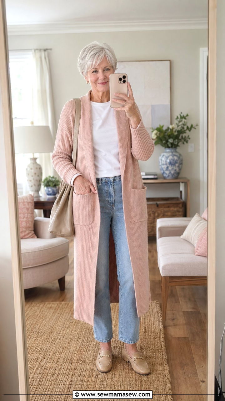 Long Blush Pink Cardigan with White Tee and Relaxed Denim - 35 Outfit ideas for women over 70 2026