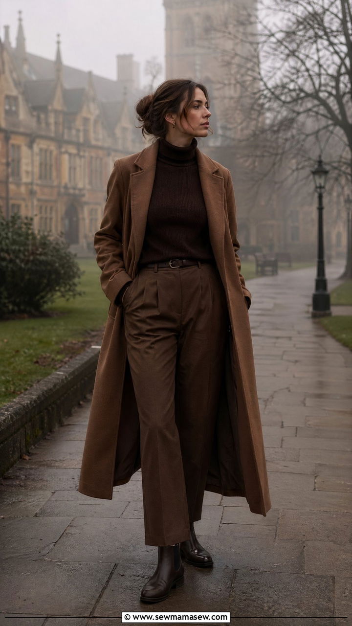 Long Brown Coat and Matching Turtleneck with Trousers - 35 dark academia outfits
