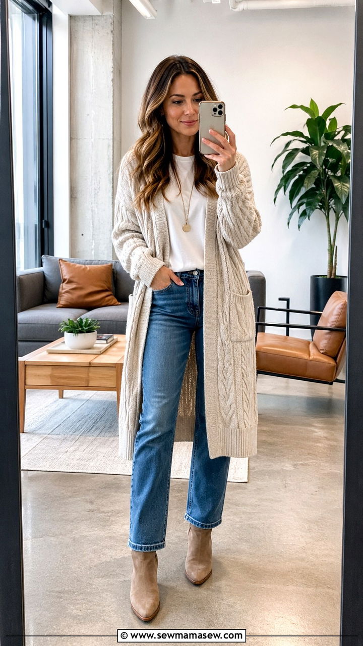 Long Cable Knit Cardigan and Straight Leg Jeans Outfit for Software Engineers - 30 Software engineer outfit ideas
