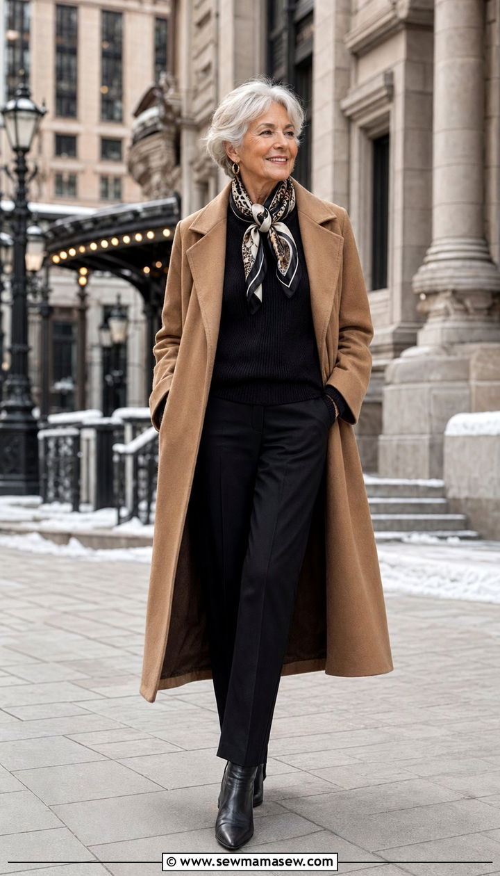 Long Camel Wool Coat with Black Trousers and Ankle Boots - 35 Outfit ideas for women over 70 2026