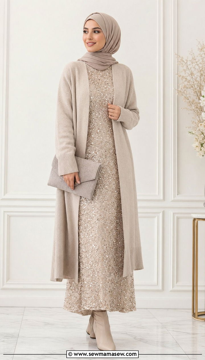 Long Cardiagan With Embellished Maxi And Hijab - 30 wedding guest outfits for hijab women