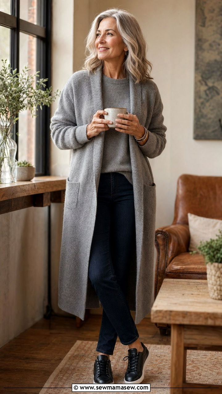 Long Cardigan Coat Over a Cashmere Crewneck - 30 Best jackets for women over 50