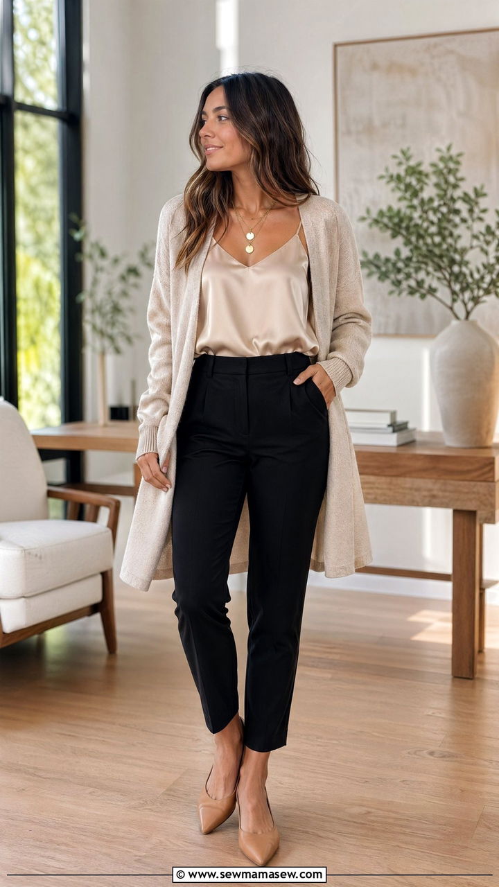 Long Cardigan Over A Silk Cami And Tailored Trousers - 35 Classic business casual outfits