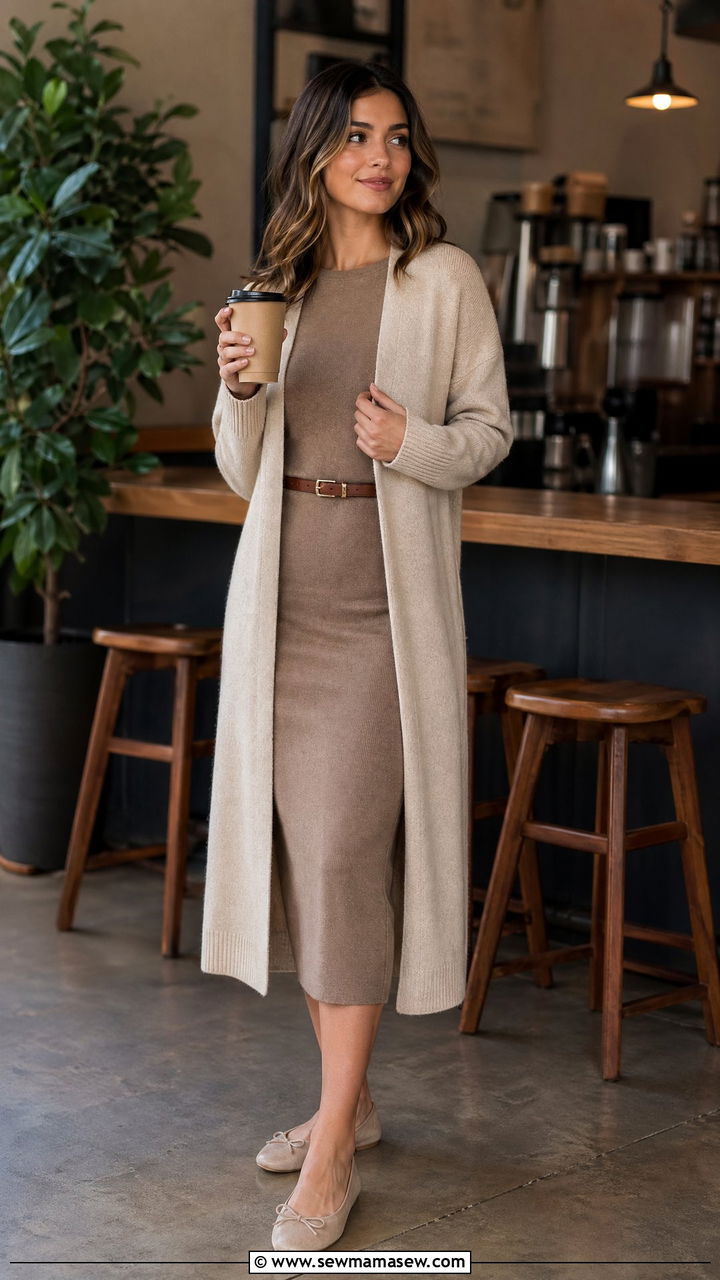 Long Cardigan Over Midi Dress Outfit With Ballet Flats - 35 Cover up dress outfit ideas