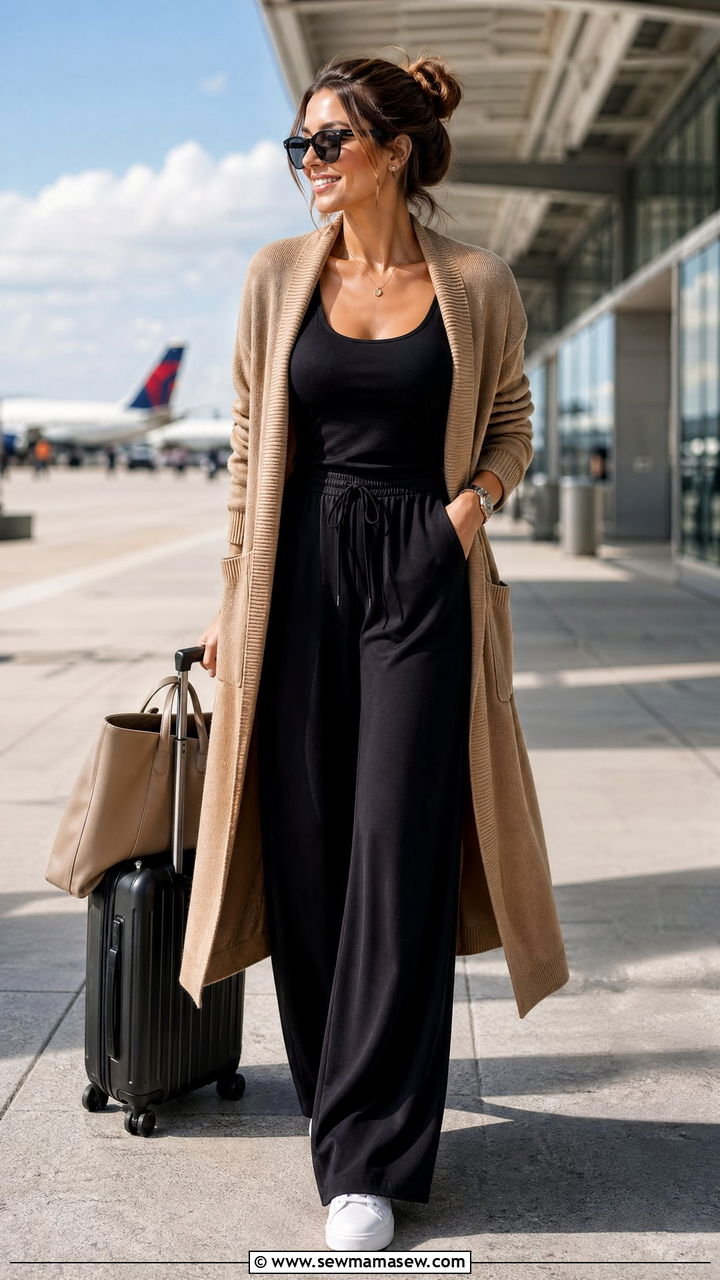 Long Cardigan Over a Tank and Wide Leg Pants - 35 spring airport outfit ideas