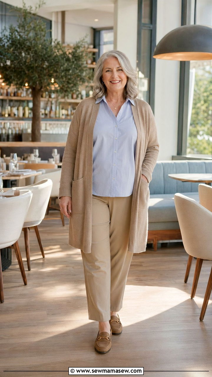 Long Cardigan With Button Up And Khaki Slacks - 35 Plus size outfits for women over 50