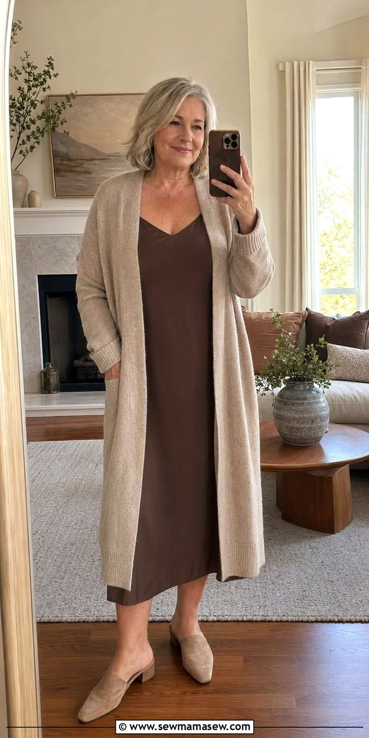 Long Cardigan With Midi Slip Dress - 35 Plus size outfits for women over 50