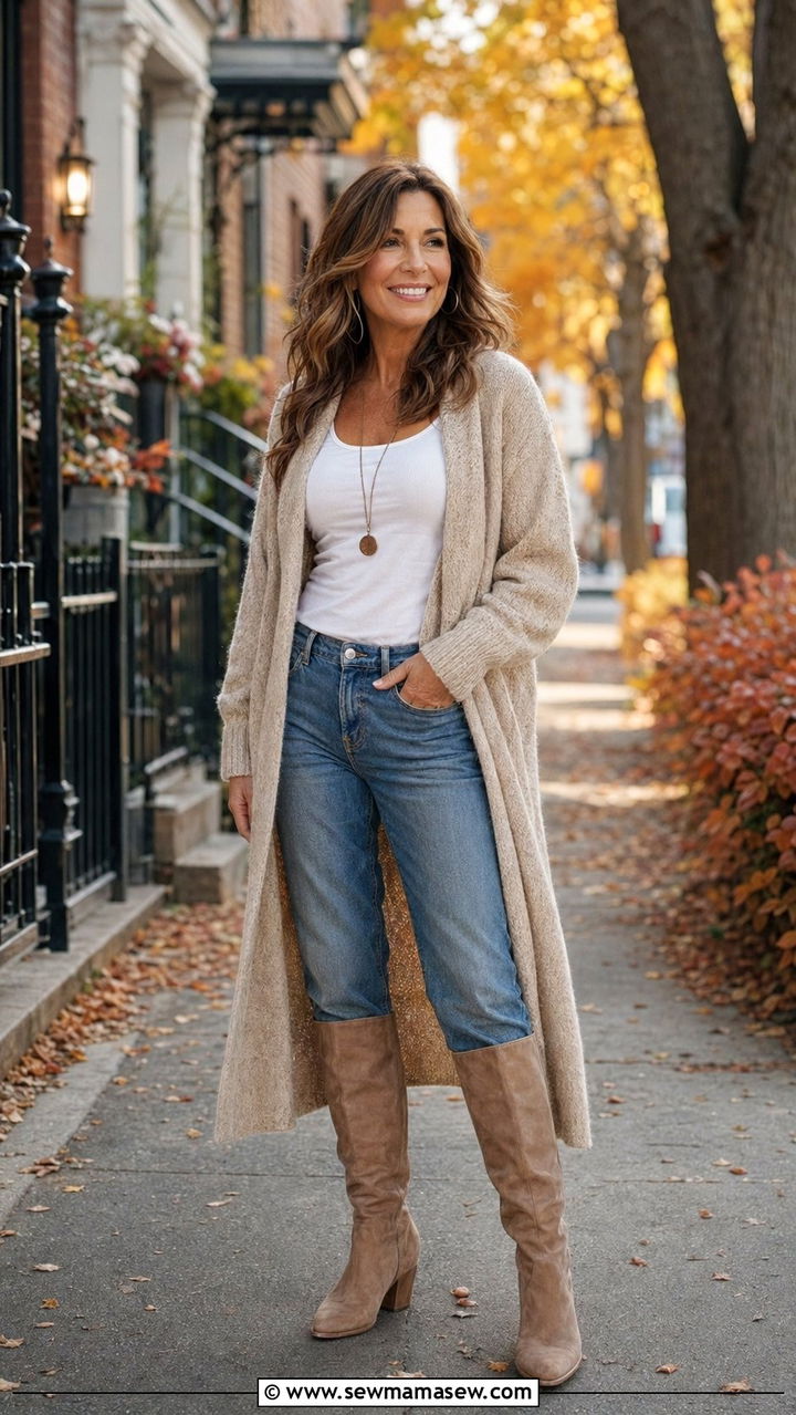 Long Cardigan With Mom Jeans And A Simple Tank - 35 mom jeans outfits for women over 40