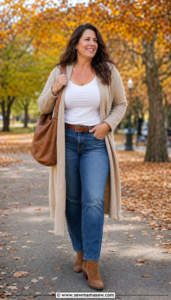Long Cardigan With Straight Jeans And Ankle Boots - 35 Plus size outfit ideas for women over 40
