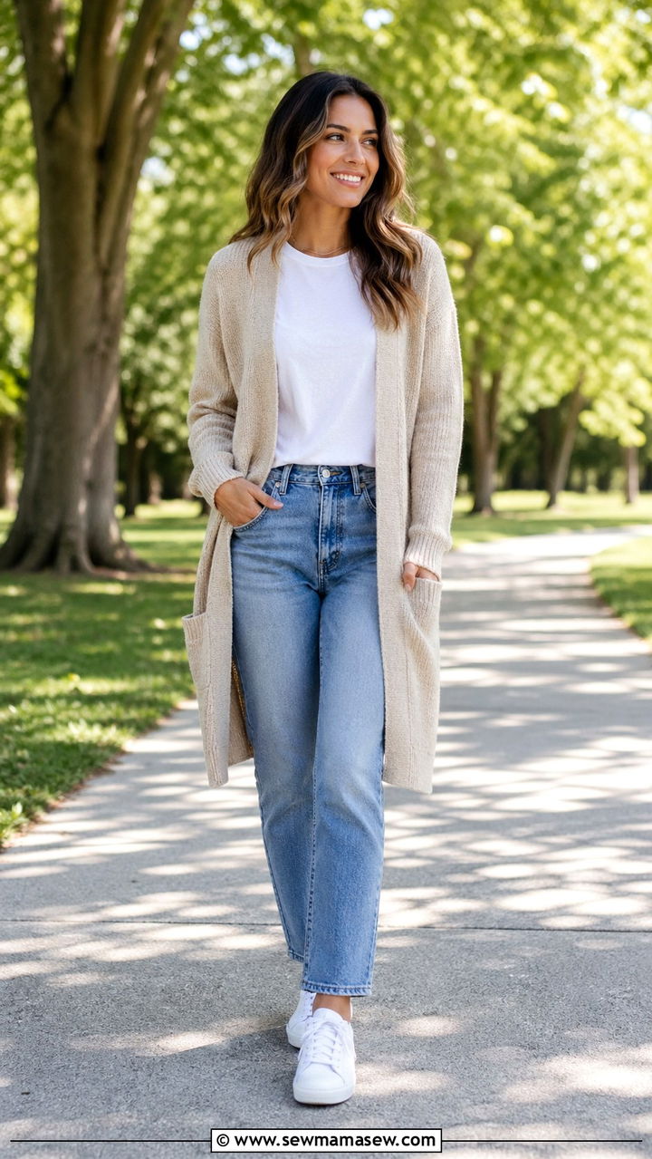 Long Cardigan With Straight Jeans and Classic Sneakers - 30 sneaker outfits for women