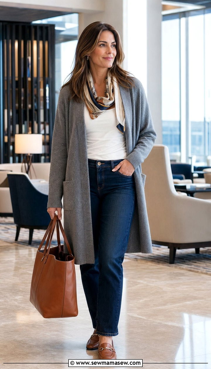 Long Cardigan With Straight Leg Jeans - 35 Quiet luxury travel outfits