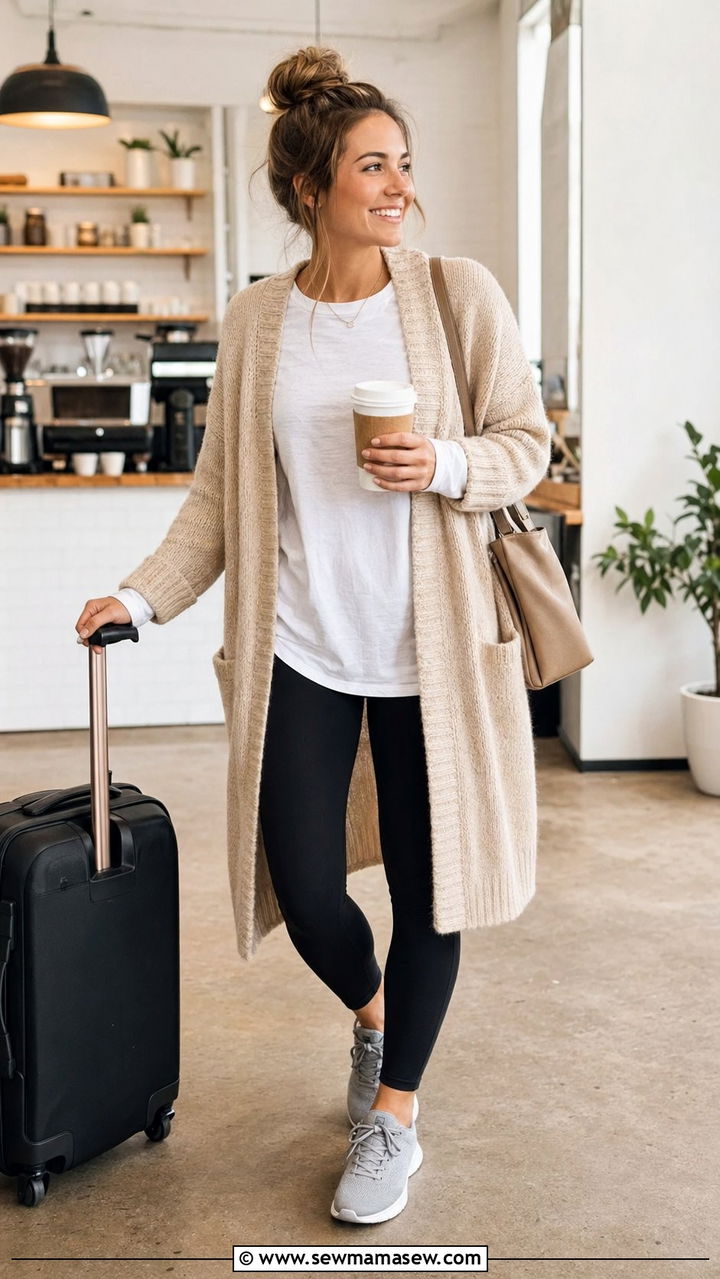 Long Cardigan With a Long Sleeve Tee and Leggings - 30 50 degree weather outfits