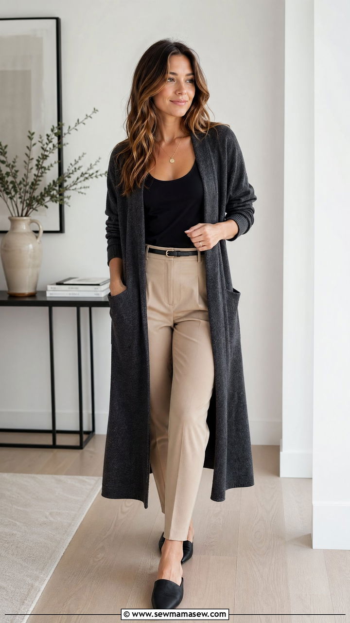 Long Cardigan With a Tank and Tailored Trousers - 35 transitional outfit ideas for women