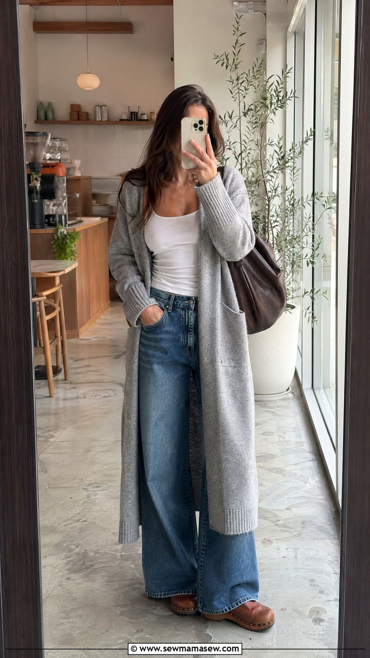 Long Cardigan and Clogs with Wide Leg Jeans - 35 wide leg jeans outfits for women