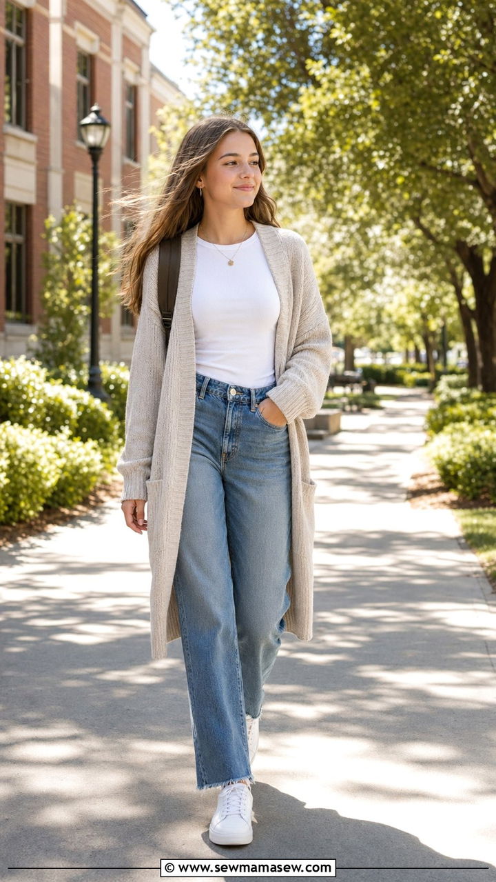 Long Cardigan and Straight Leg Jeans School Outfit - 35 School outfit ideas for teens