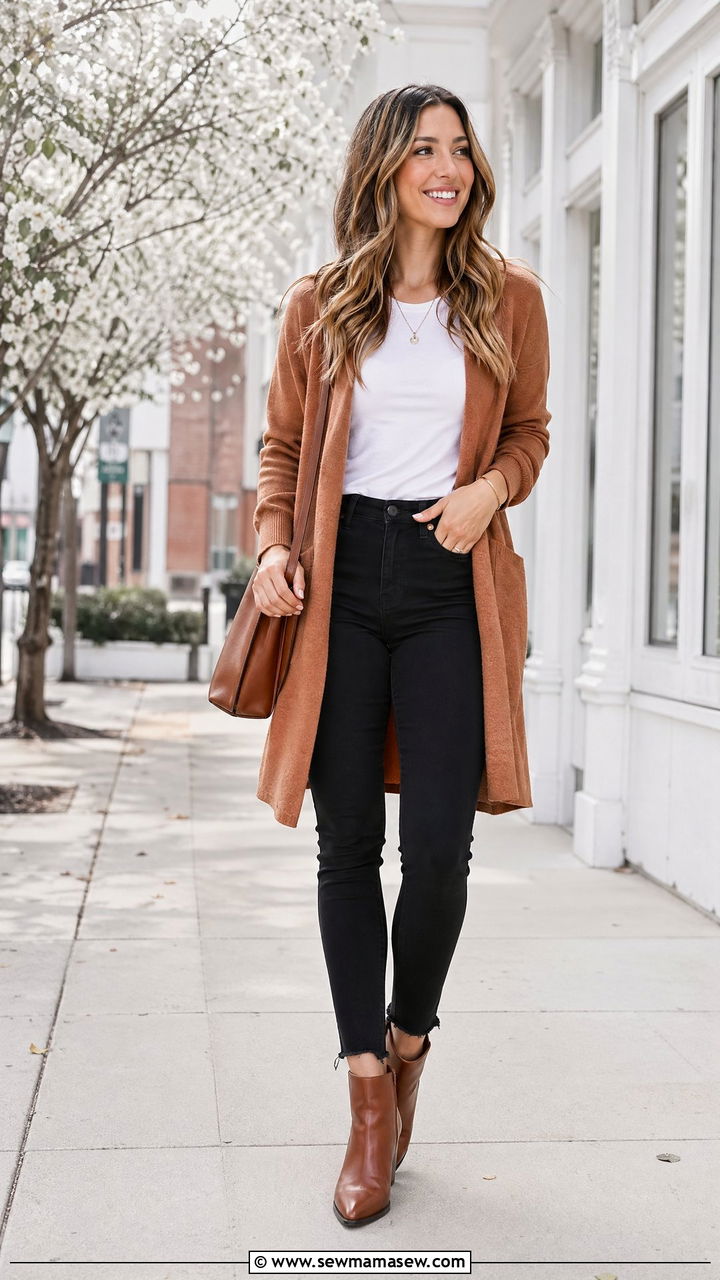Long Cardigan with Black Skinny Jeans Outfit - 35 Spring mom outfit ideas