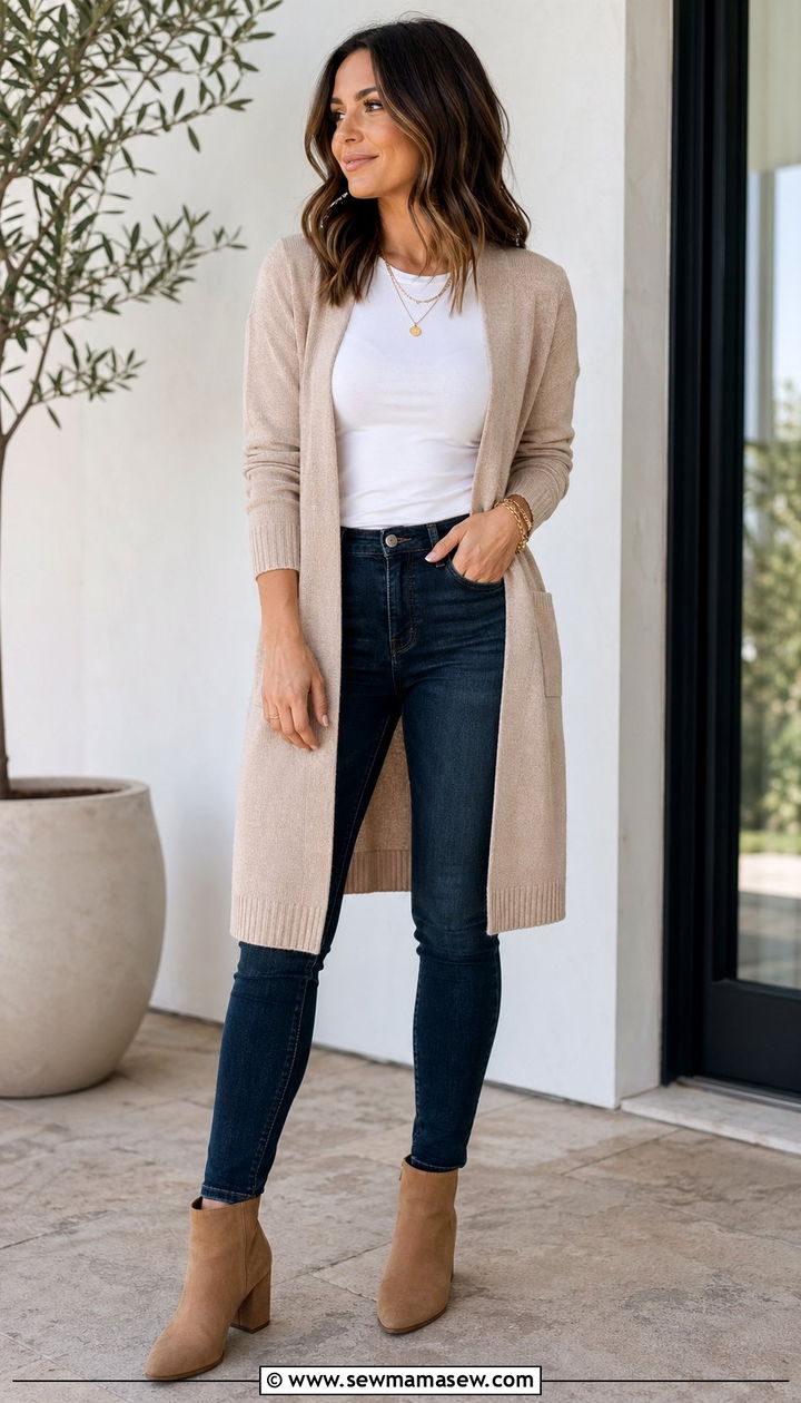 Long Cardigan with Fitted Tee and Skinny Jeans - 30 60 degree weather outfits