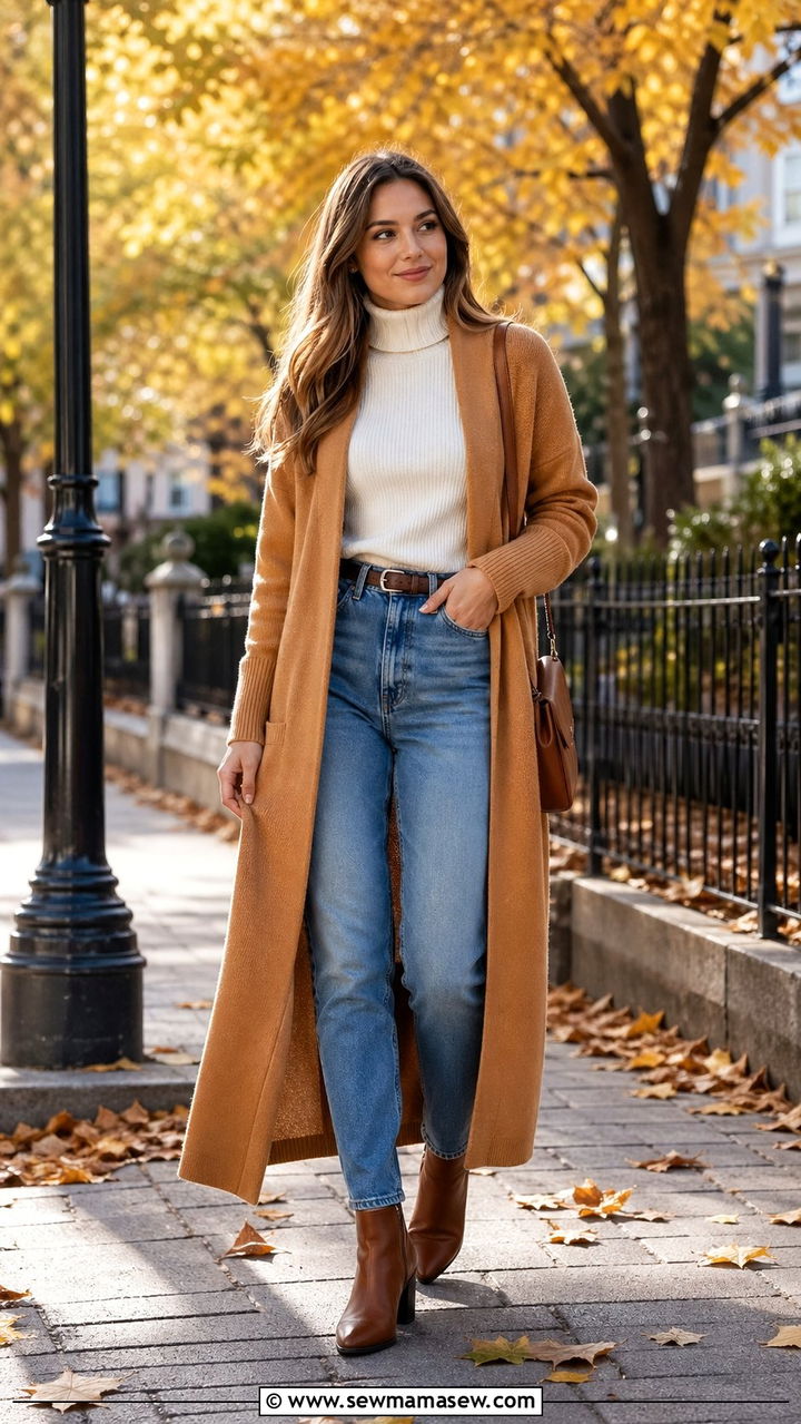 Long Cardigan with High Waist Jeans Outfit - 35 modest outfit ideas for women