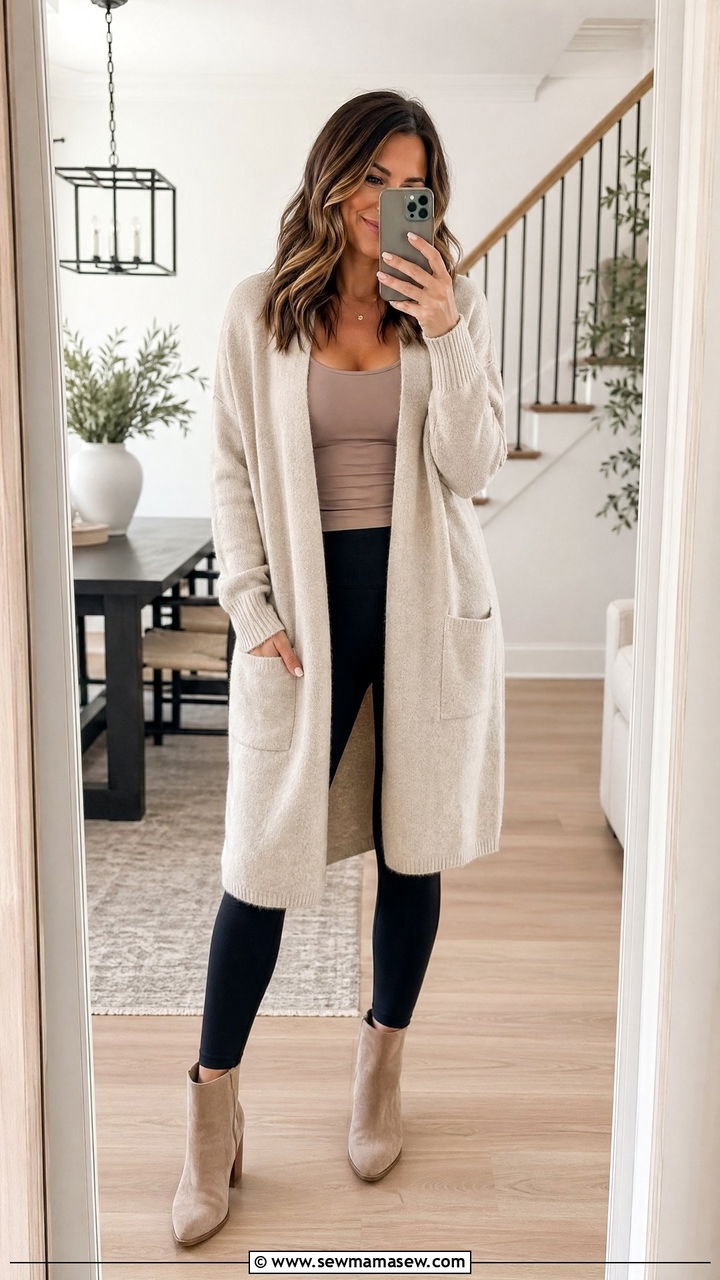 Long Cardigan with Leggings and Ankle Boots - 35 Chic mom outfit ideas