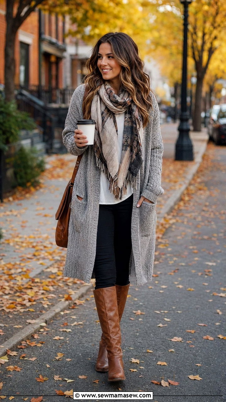 Long Cardigan with Scarf and Skinny Jeans - 30 windy day outfits for women