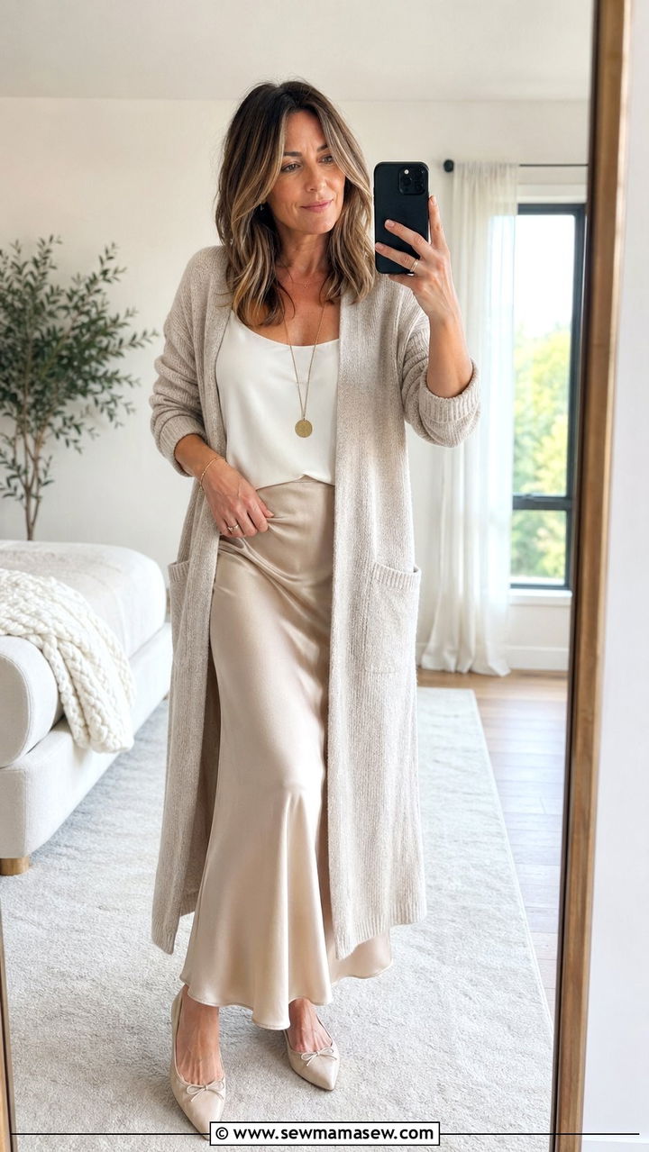 Long Cardigan with Slip Skirt and Flats - 35 Old money outfit ideas for women over 40