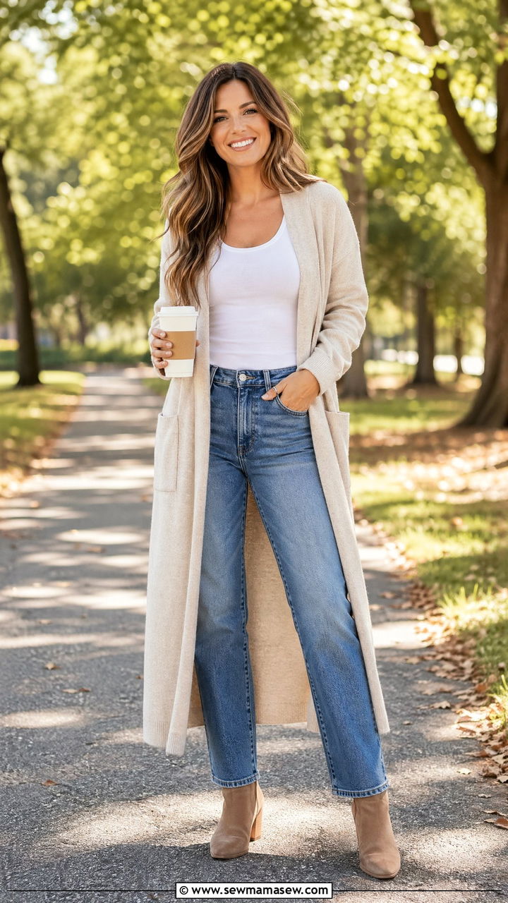 Long Cardigan with Straight Leg Jeans and Ankle Boots - 35 Spring outfit ideas for mom