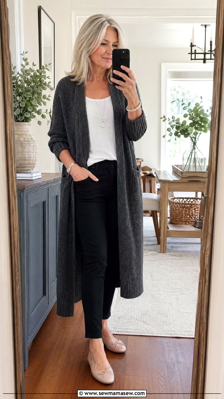 Long Cardigan with Tank Top and Slim Pants - 35 spring outfit ideas for women over 50