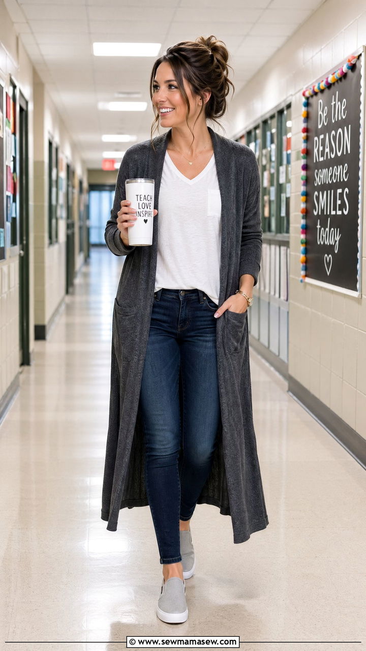 Long Cardigan with Tee Jeans and Slip On Sneakers - 35 teacher outfit ideas for women