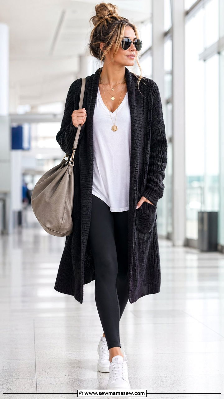 Long Cardigan with White Tee and Leggings - 40 airport outfits ideas